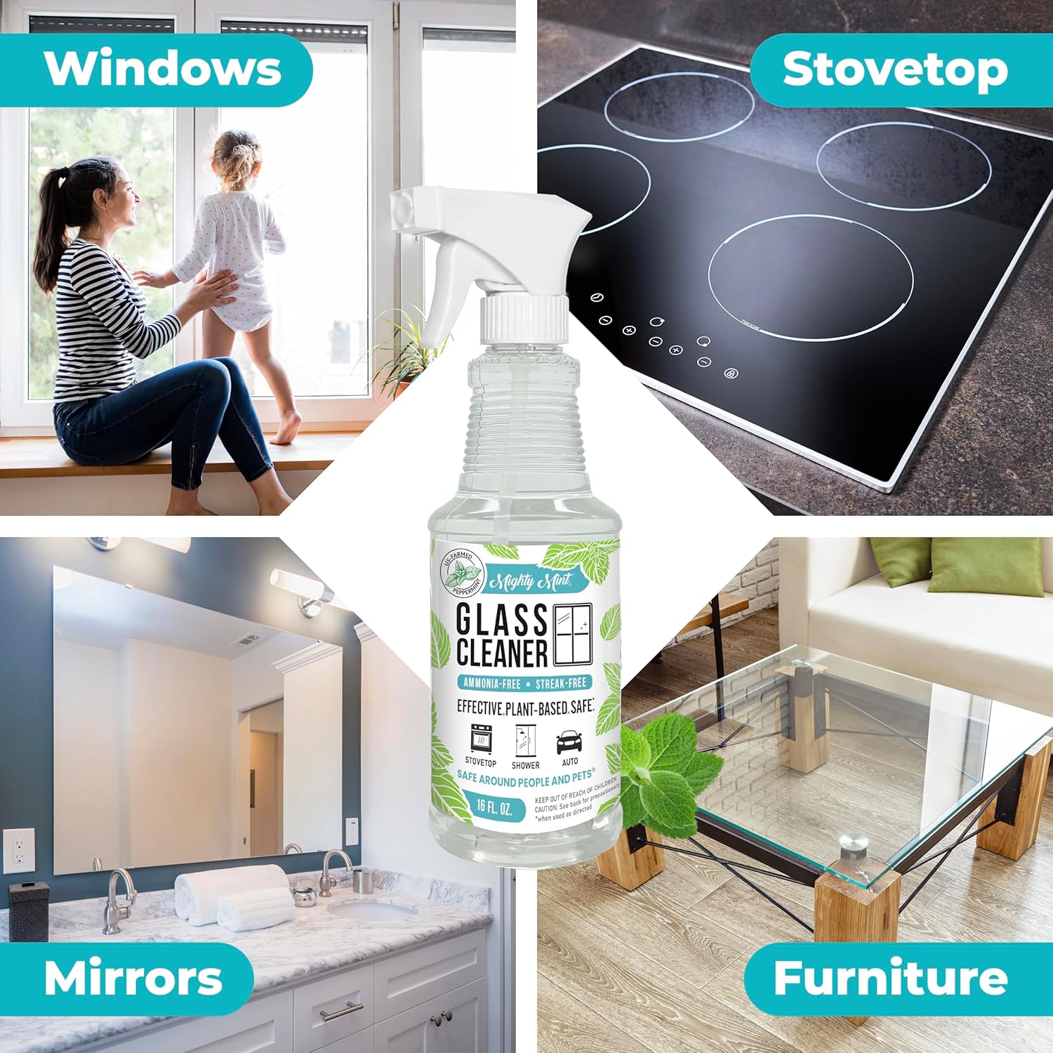 Mighty Mint Glass Cleaner, Ammonia-Free, Streak-Free Spray for Windows, Screens, Stovetop