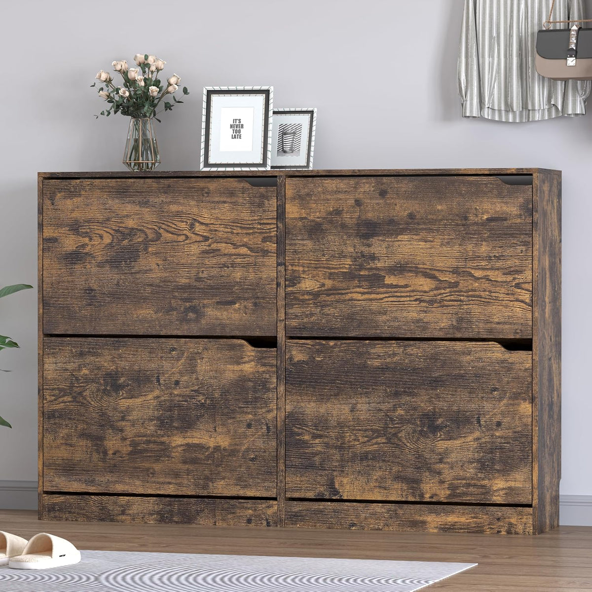 Shoe Cabinet with 4 Flip Drawers, Narrow Hidden Shoe Storage Cabinet, Slim Freestanding Shoe Rack