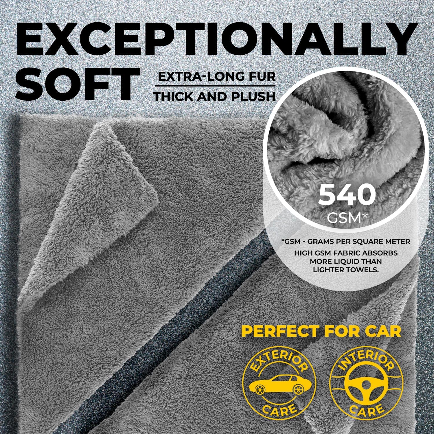 Edgeless Microfiber Towels for Cars – 6pk (12”x12”) - 540 GSM - Super Soft Detailing & Buffing