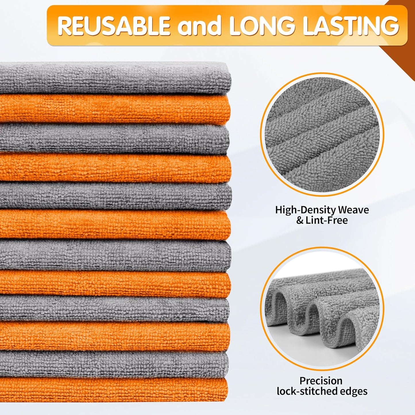 FIXSMITH Microfiber Cleaning Cloth -Pack of 12, Highly Absorbent Cleaning Rags(Grey&Orange)