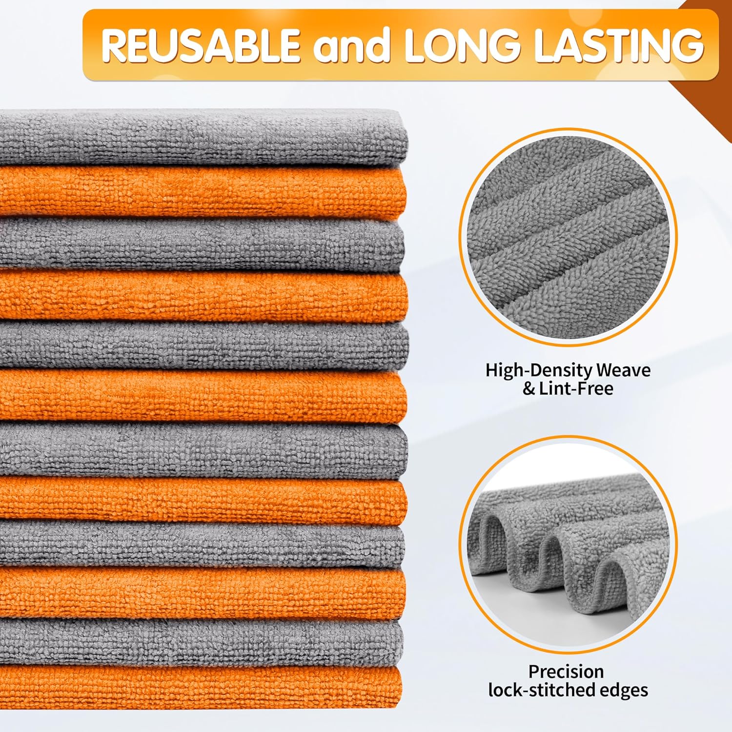 FIXSMITH Microfiber Cleaning Cloth -Pack of 12, Highly Absorbent Cleaning Rags(Grey&Orange)