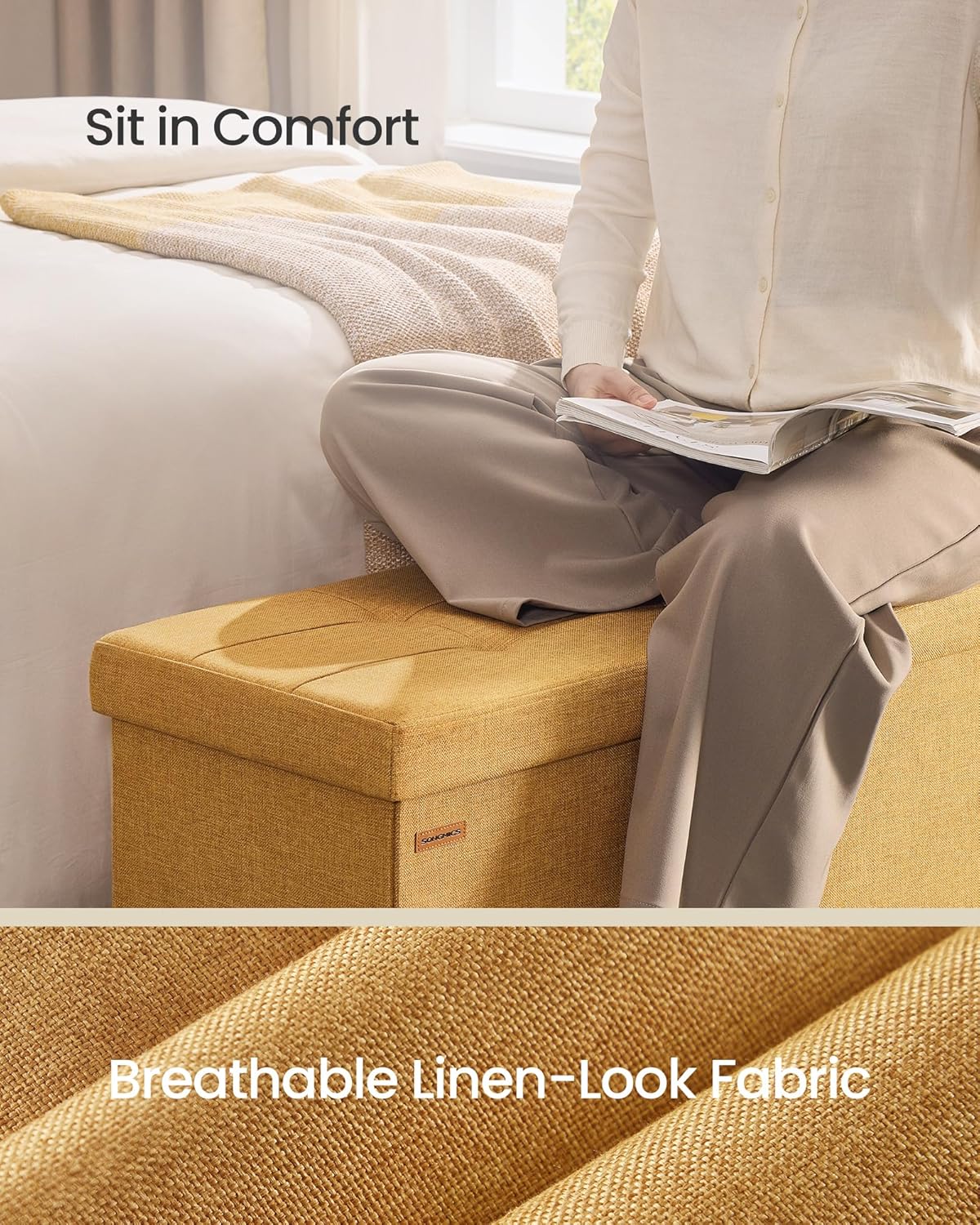 SONGMICS Mazie Collection - Storage Ottoman Bench, 43 Inches Folding Foot Rest Stool, End of Bed