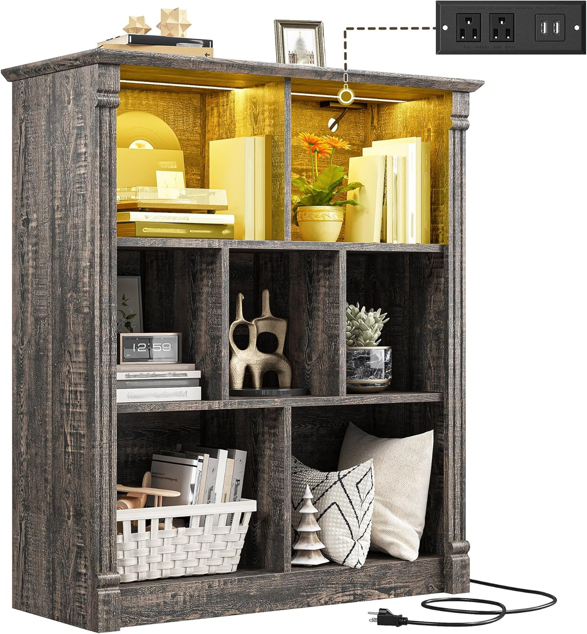 EnHomee 7 Cube Bookshelf Cubby Storage Organizer with LED Lights and Charging Station, Wood Shelf