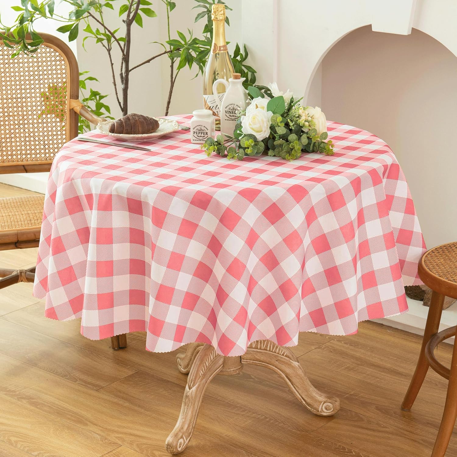 Waterproof Plaid Tablecloth Fabric - Round 25 Inch Classic Gingham Checker Table Cloth for