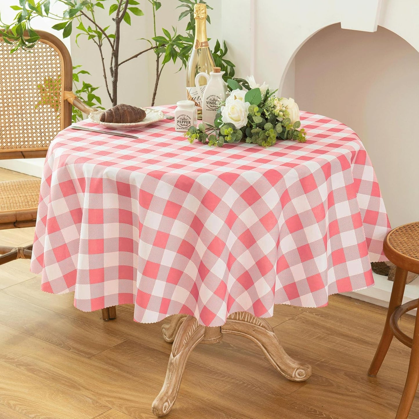 Waterproof Plaid Tablecloth Fabric - Round 58 Inch Classic Gingham Checker Table Cloth for