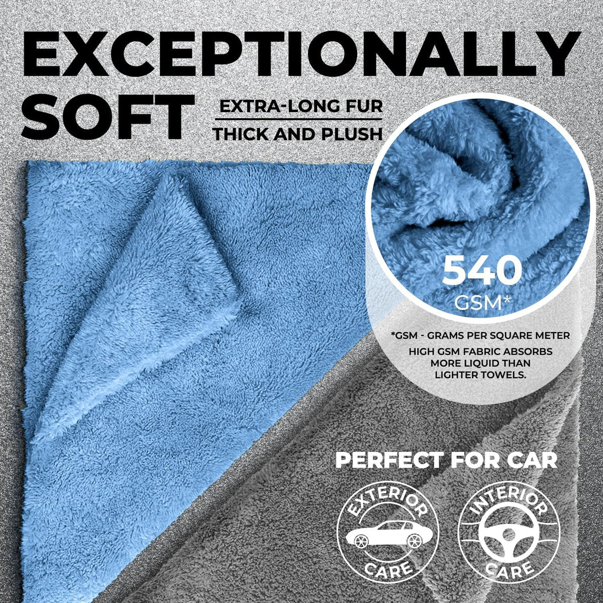 Edgeless Microfiber Towels for Cars – 6pk (12”x12”) - 540 GSM - Super Soft Detailing & Buffing