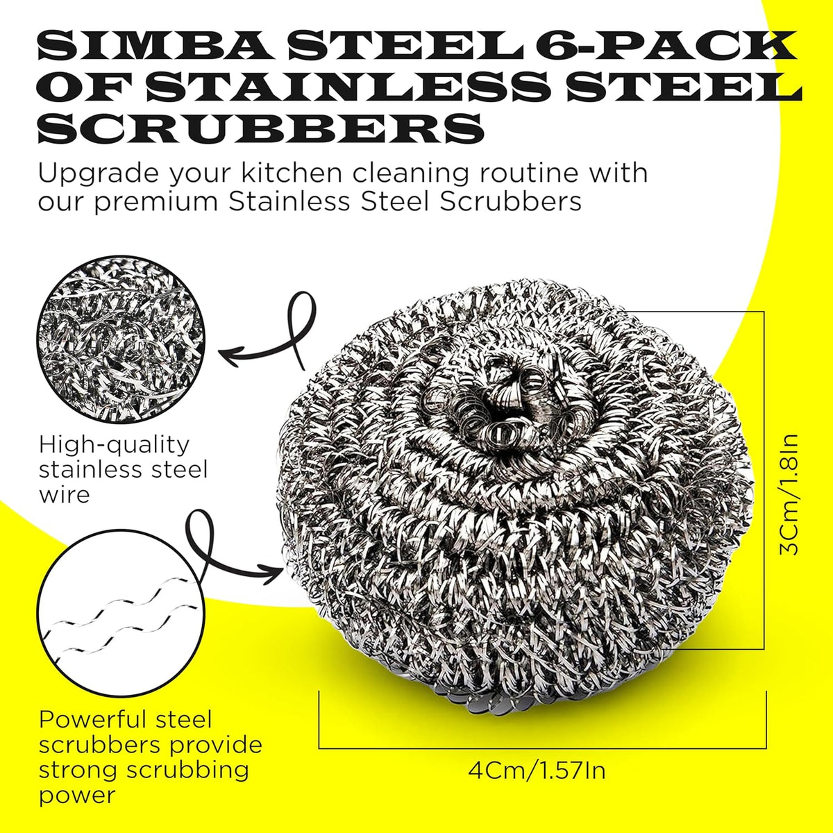 6 Pcs Simba Stainless Steel Wool Scrubber Pads for Cleaning Pans, Pots, Dishes, Ovens, Grills
