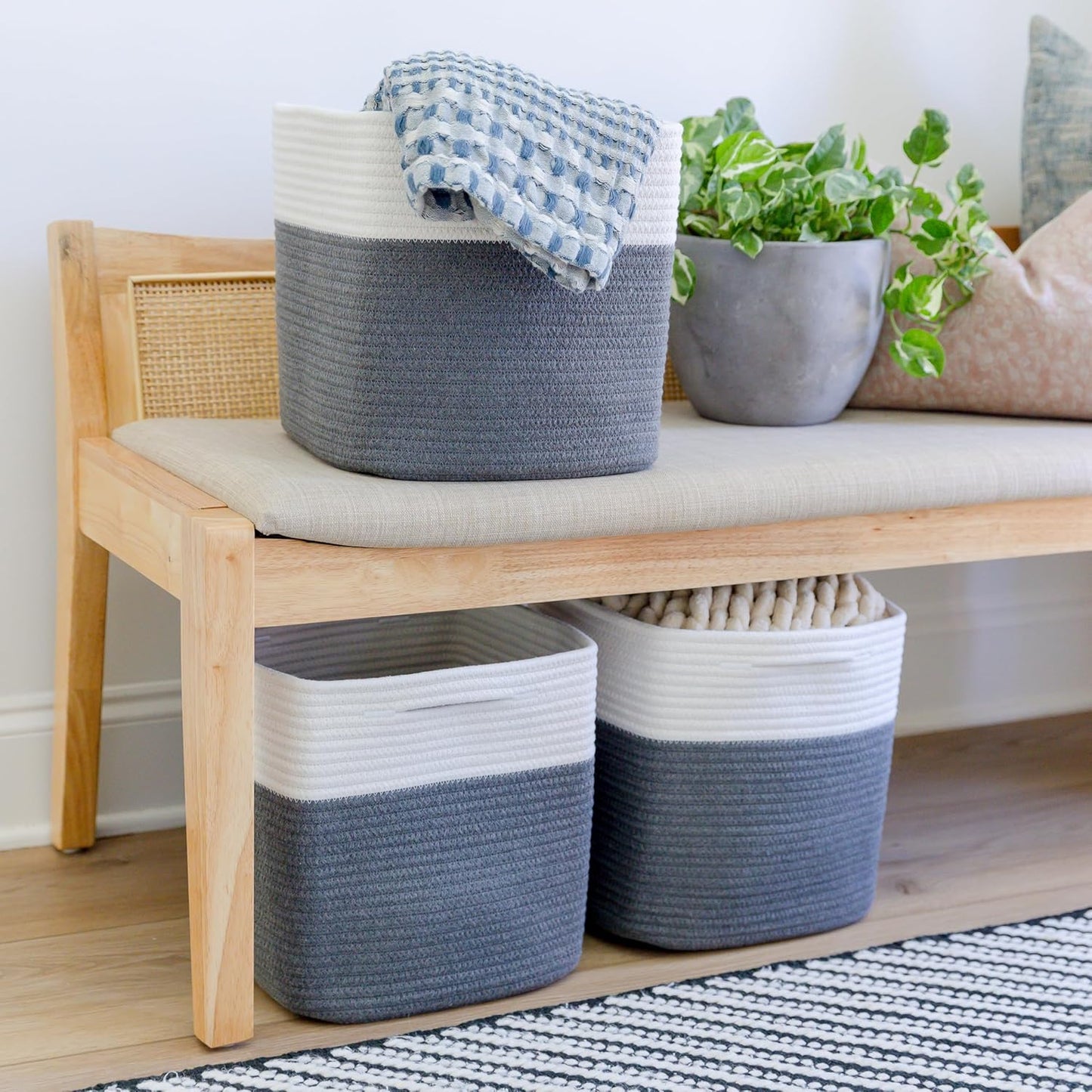 NaturalCozy Storage Cubes 11 Inch Cotton Rope Woven Baskets for Organizing, 3-Pack | Cube Storage