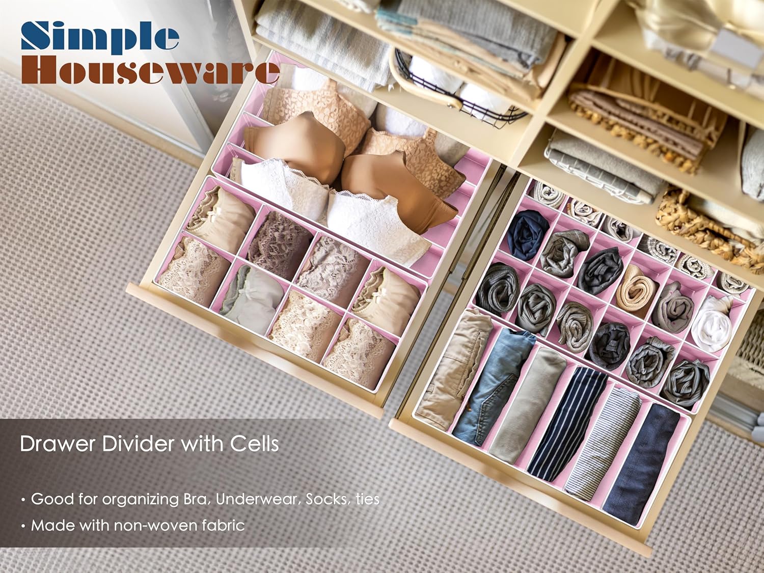 Simple Houseware 4-Pack Drawer Organizer Set - Closet Dividers for Underwear, Socks, Bras, Scarves