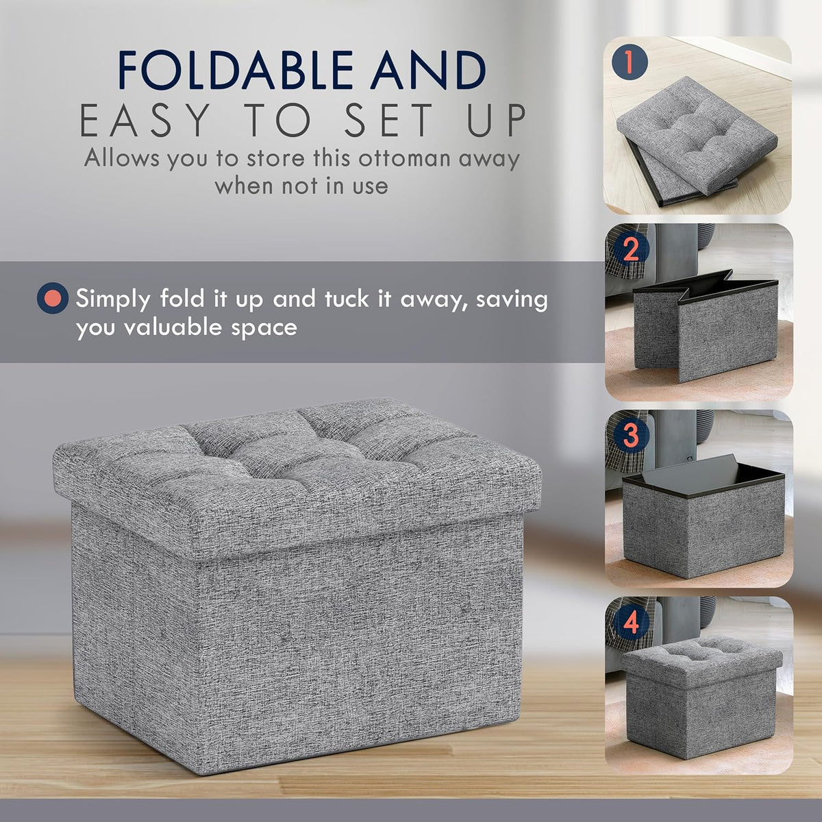 Ornavo Home Small Storage Ottoman Foldable Collapsible Rectangle Linen Ottoman Foot Rest Stool