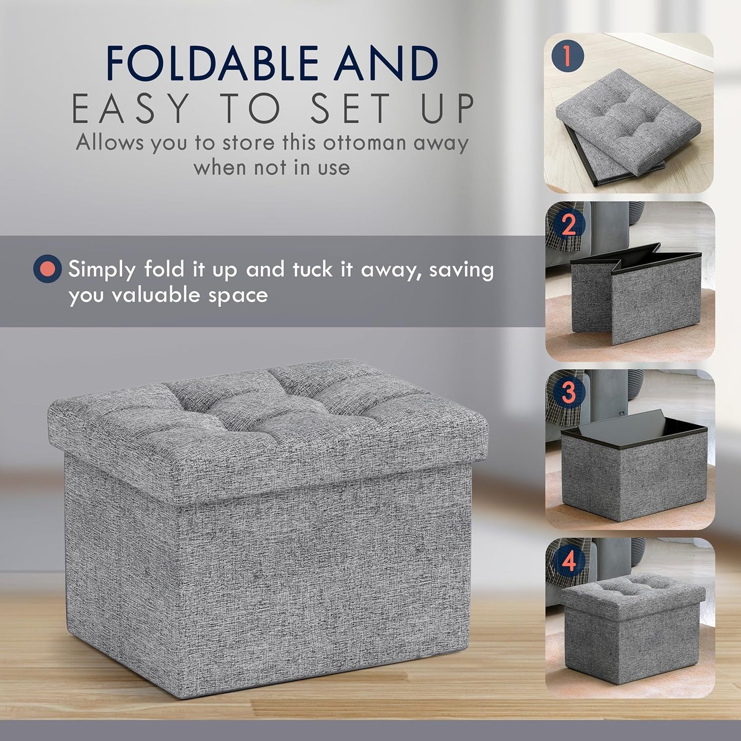 Ornavo Home Small Storage Ottoman, Set of 2, Foldable Collapsible Rectangle Linen Ottoman Foot Rest
