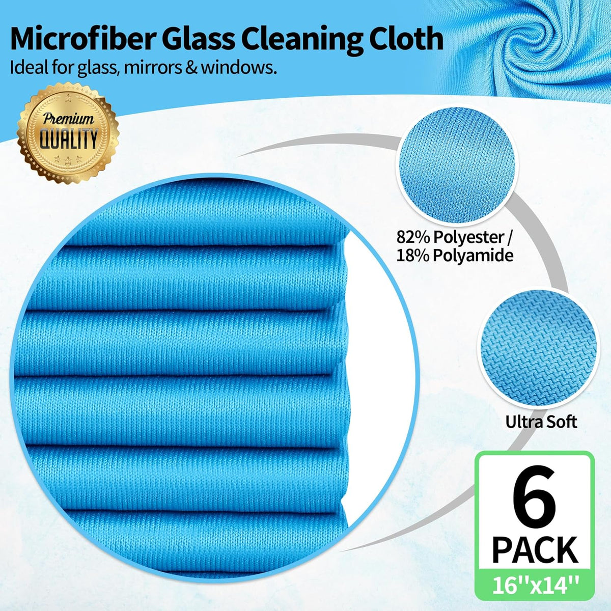 HOMERHYME Microfiber Glass Cleaning Cloth, 6 Pack Window Glass Cleaning Rags, Reusable Lint-Free