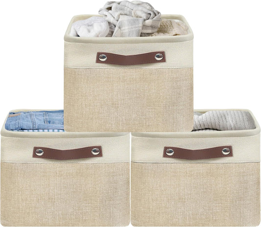 SIMPLE HOUSEWARE Large Fabric Storage Bin, 15" x 11" with Leather Like Handles, 3 Pack, Beige