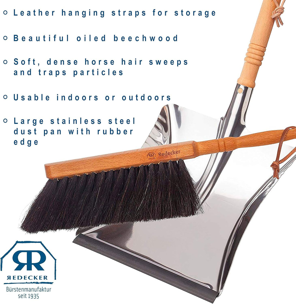 REDECKER Horsehair Fiber Hand Brush and Dust Pan Set - Wooden Broom and Dustpan Set for Home