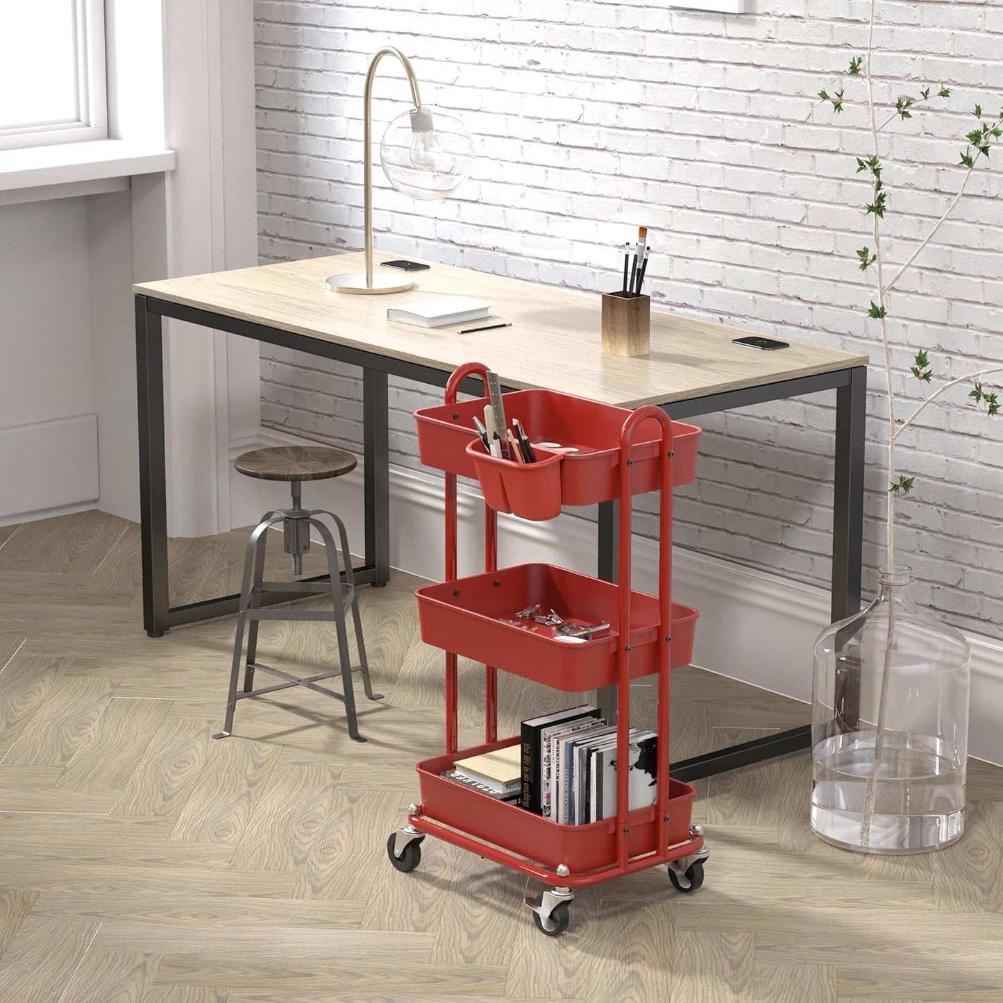 Simple Houseware 3-Tier Multifunctional Rolling Utility Cart with Hanging Bucket, Red
