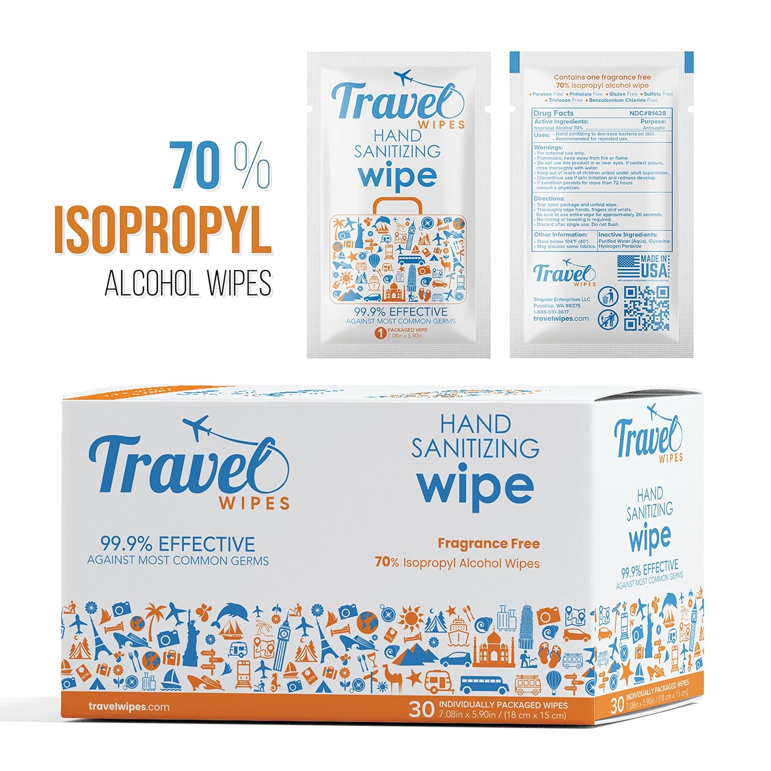 Hand Sanitizing Travel Wipes – 30ct Individually Wrapped | Fragrance-Free, Moisturizing, 70%