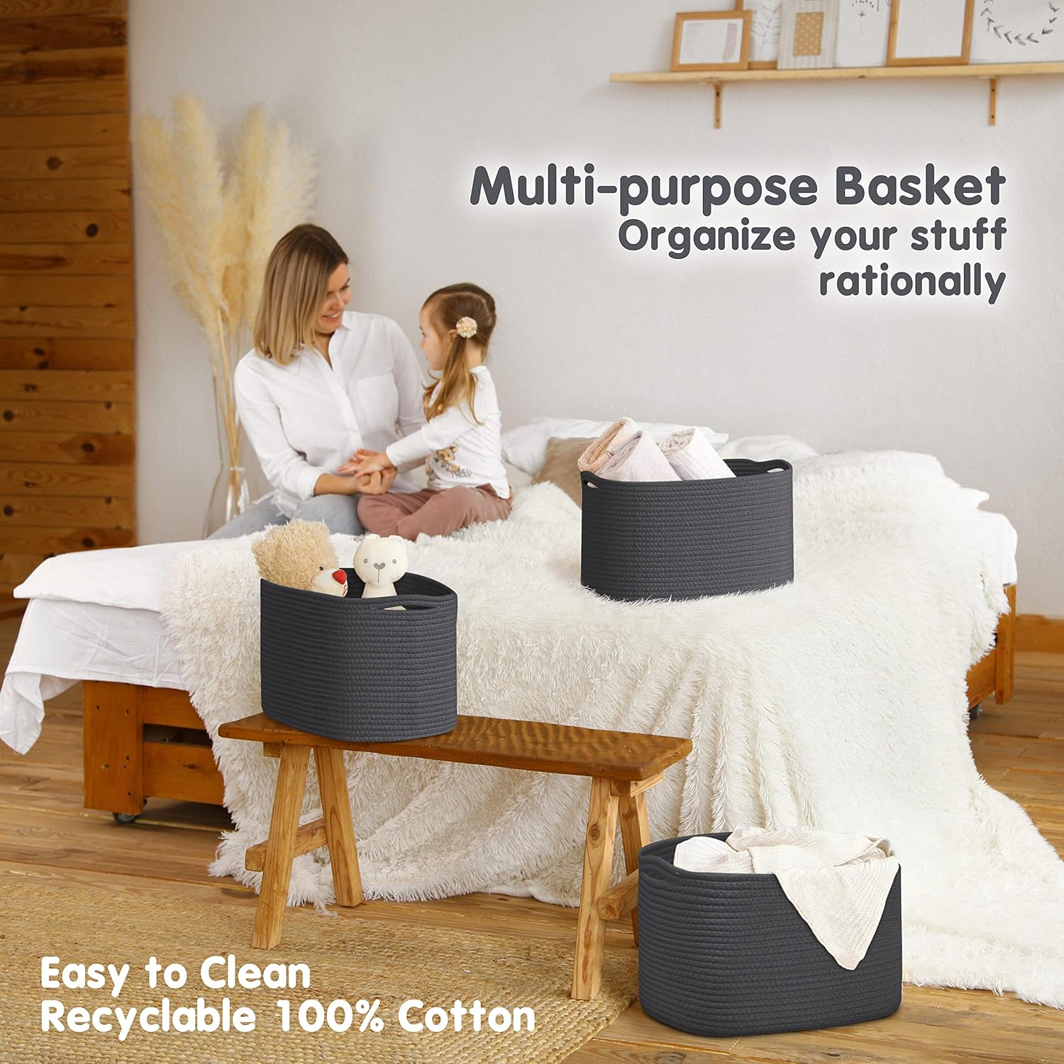 CHAT BLANC Cotton Rope Baskets for Organizing | Storage Baskets for Shelves | Rope Basket for