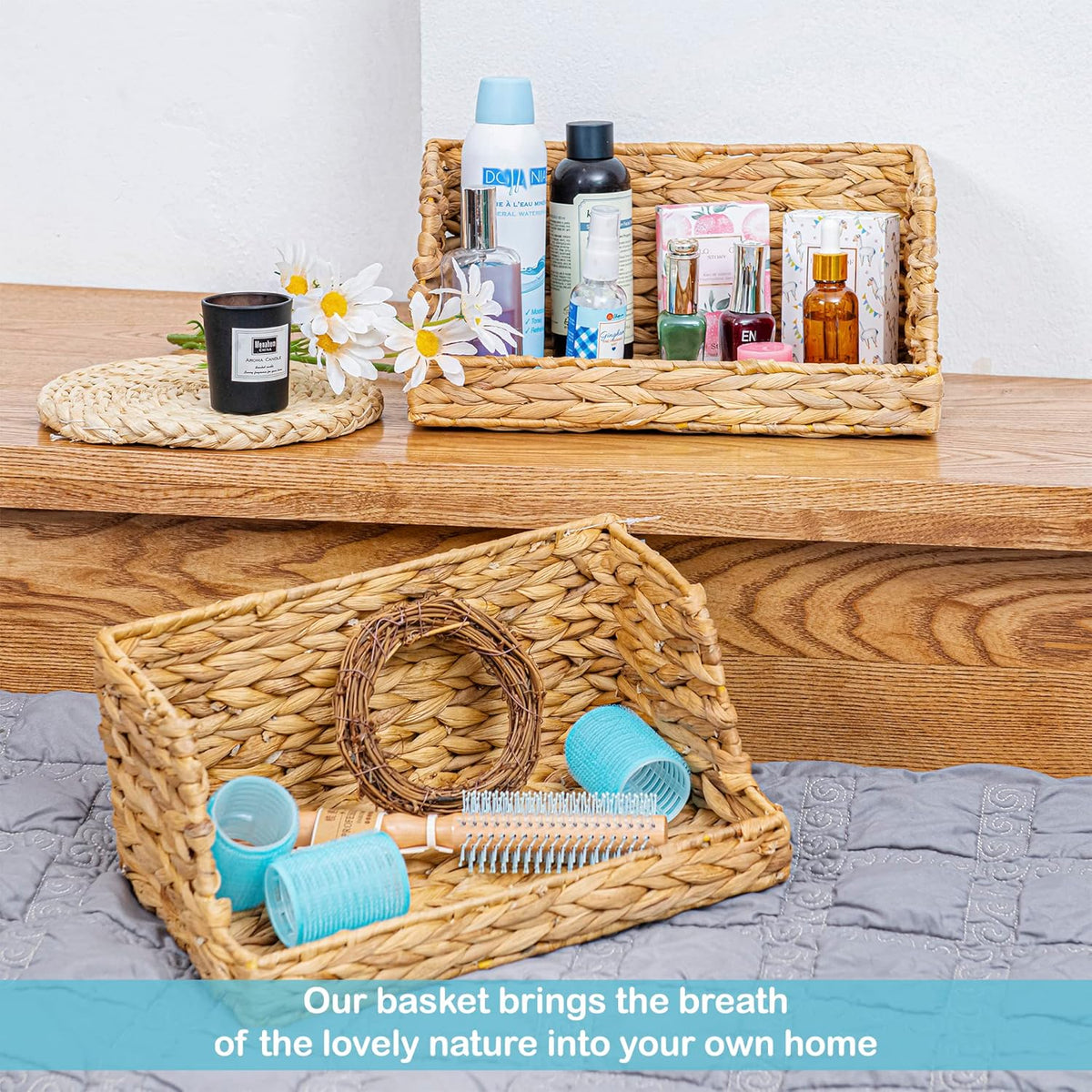 VATIMA Water Hyacinth Storage Baskets for Organizing, Medium Open-Front Wicker Basket for Kitchen