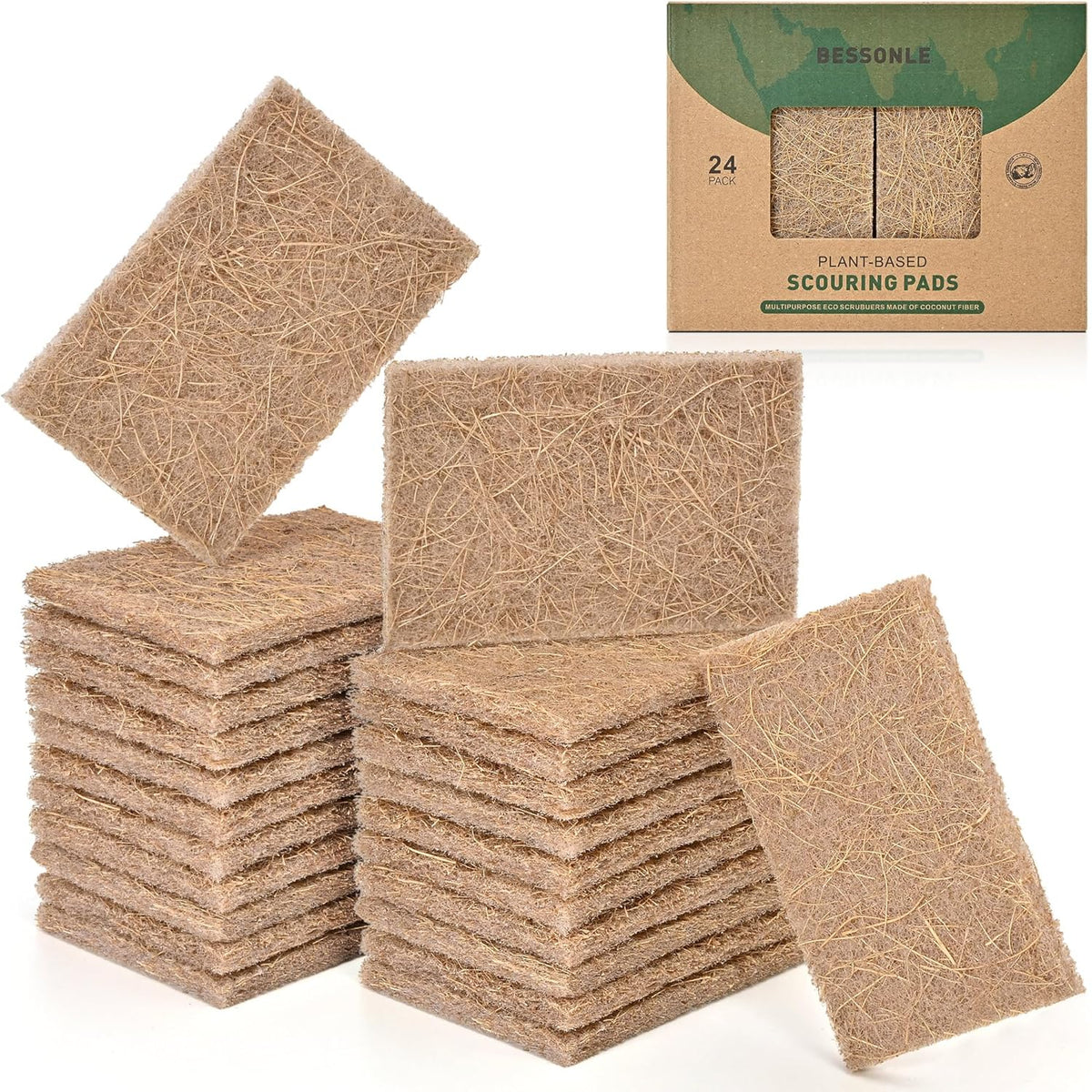 24 Pack Natural Scrub Kitchen Sponges - Coconut Husk Non Abrasive Scouring Pads - Multipurpose