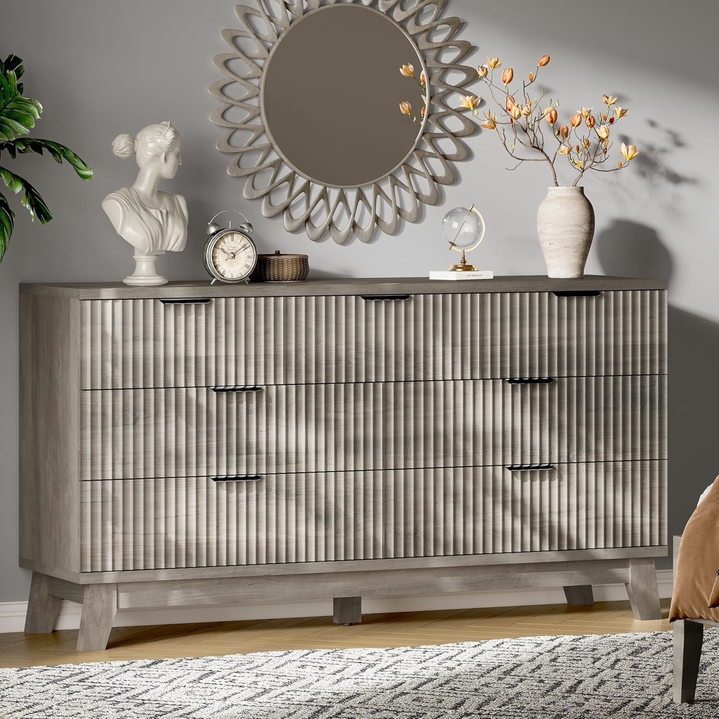 Fluted Dresser with 7 Drawers, 58" Wide Modern Chest of Drawers with Metal Handle, Wooden Dresser