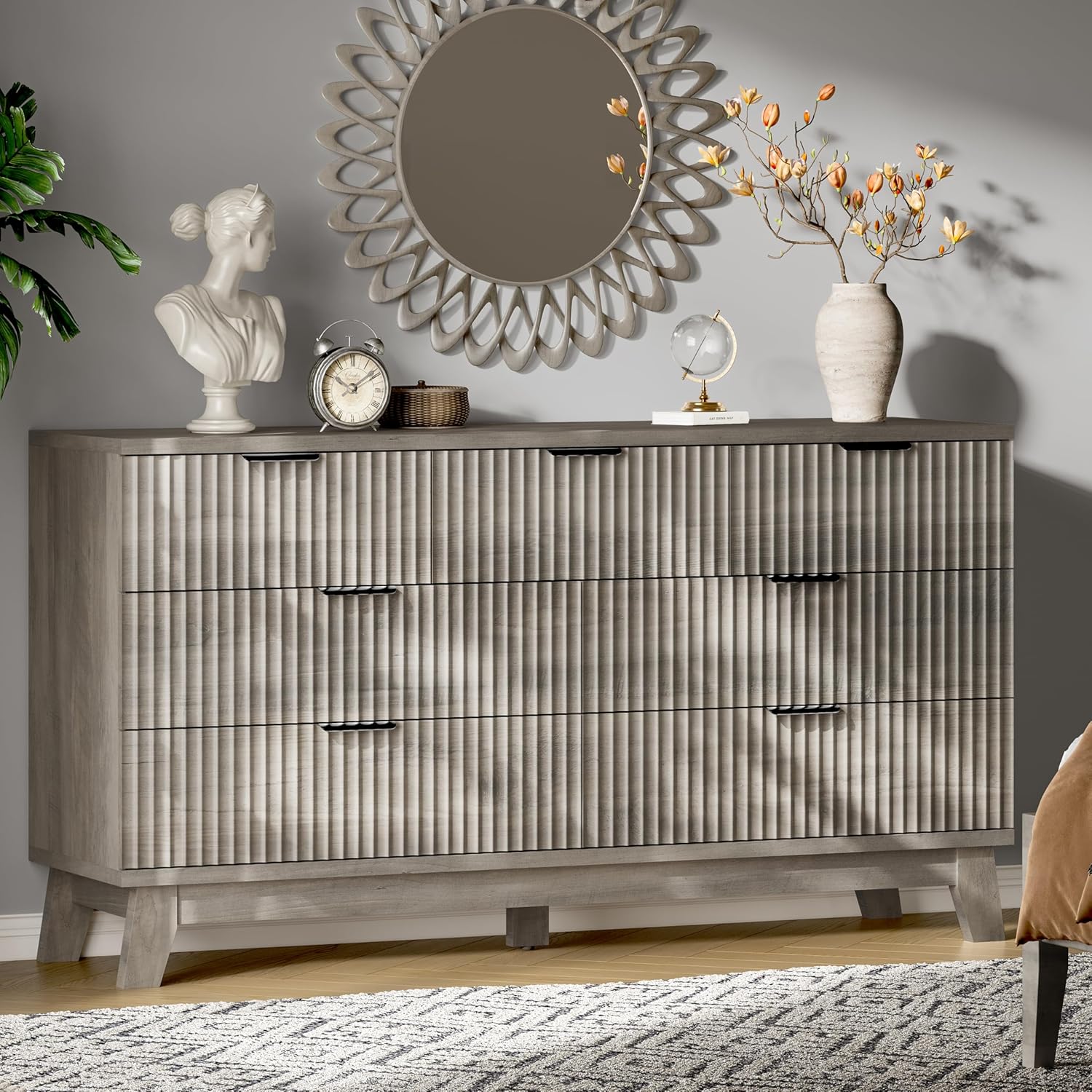 Fluted Dresser with 7 Drawers, 58" Wide Modern Chest of Drawers with Metal Handle, Wooden Dresser