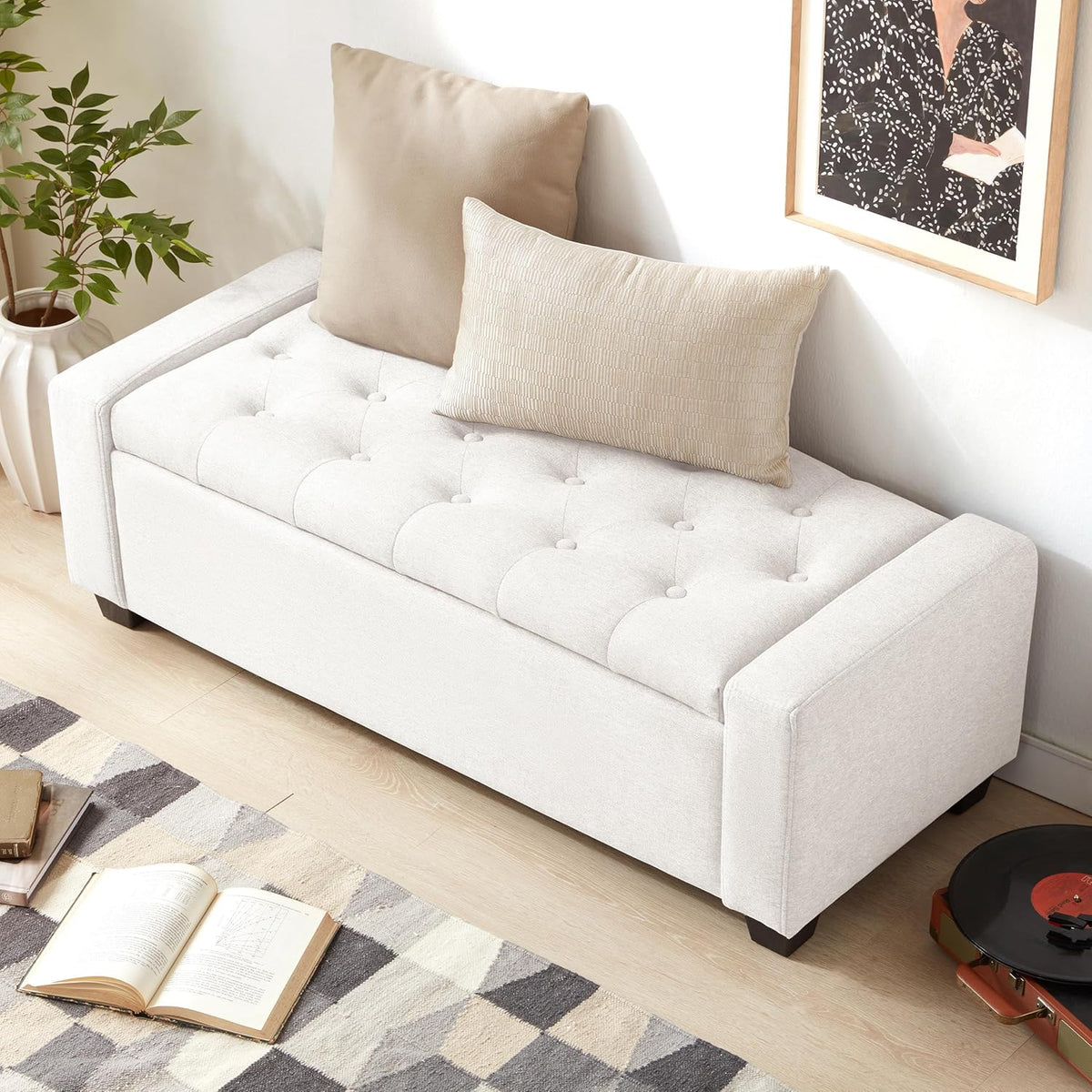 48" Ottoman with Storage, White Storage Ottoman Bench with Safety Hinge, Upholstered Entryway Bench