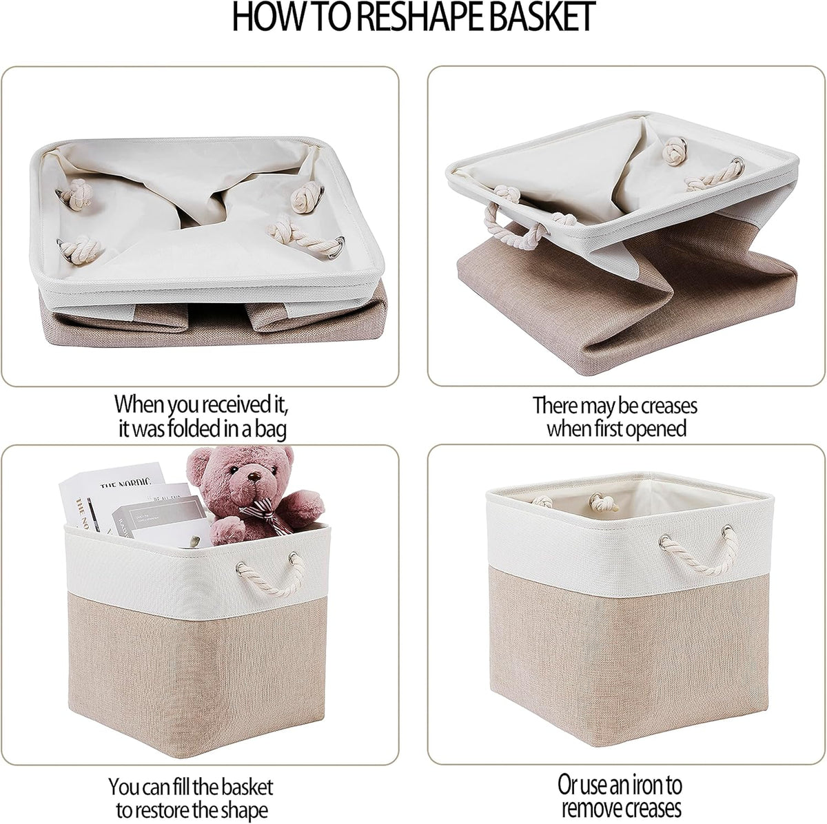 13 x 13 Inch Cube Storage Bins, 4 Pack Large Collapsible Fabric Storage Bin with Ropes, Foldable