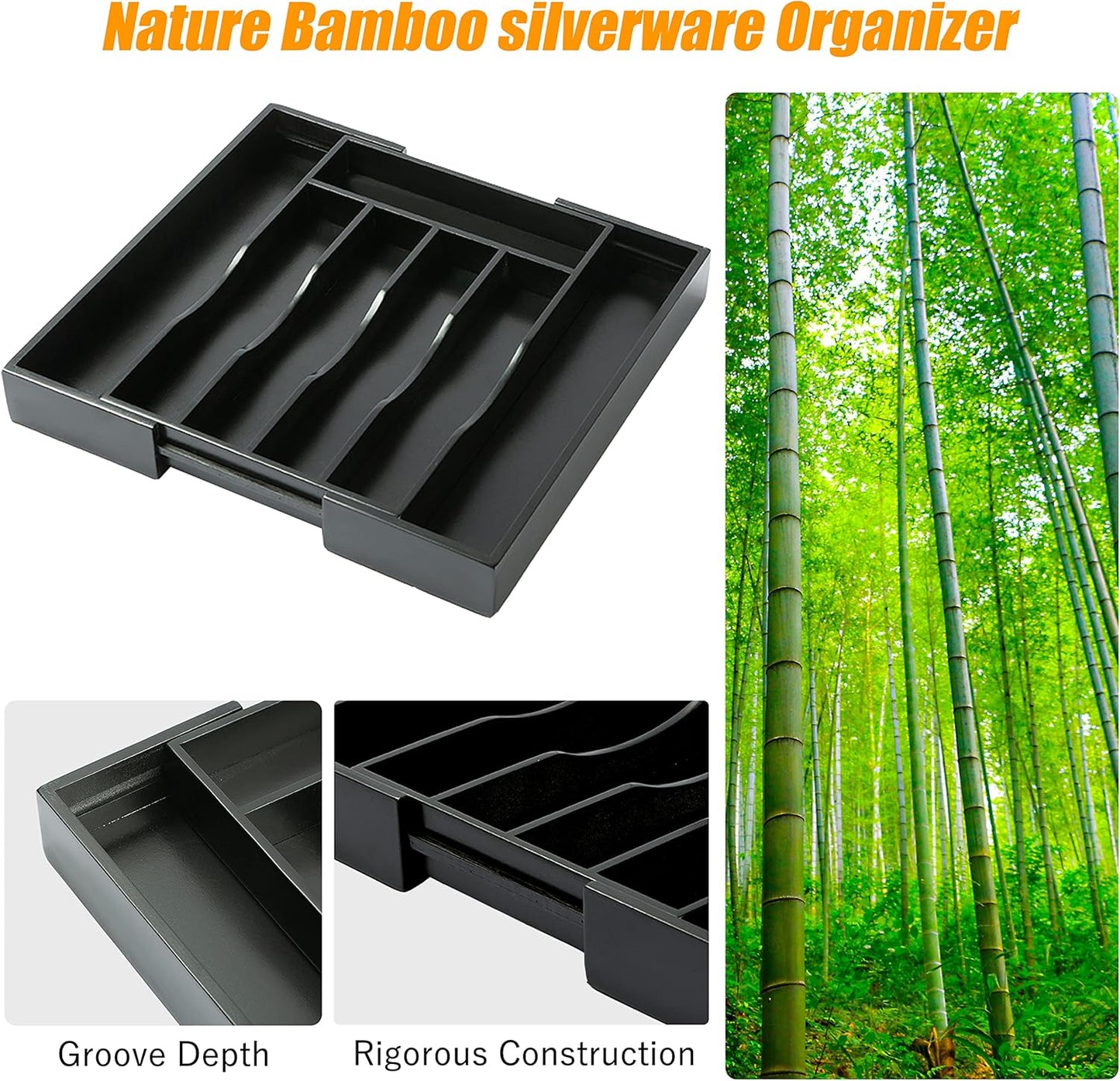 Bellsal Black Silverware Organizer Kitchen Drawer Organizer Expandable Bamboo Utensil Holder