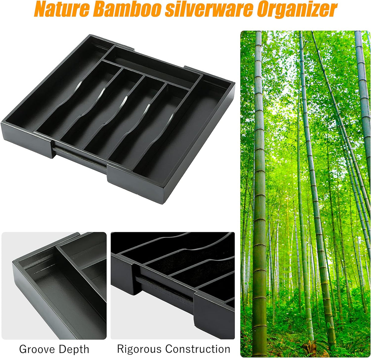 Bellsal Black Silverware Organizer Kitchen Drawer Organizer Expandable Bamboo Utensil Holder