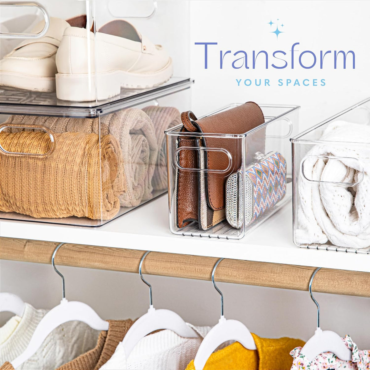 Plastic Food Storage 6 Pack Clear Container Bin with Handles for Organizing Kitchen, Pantry