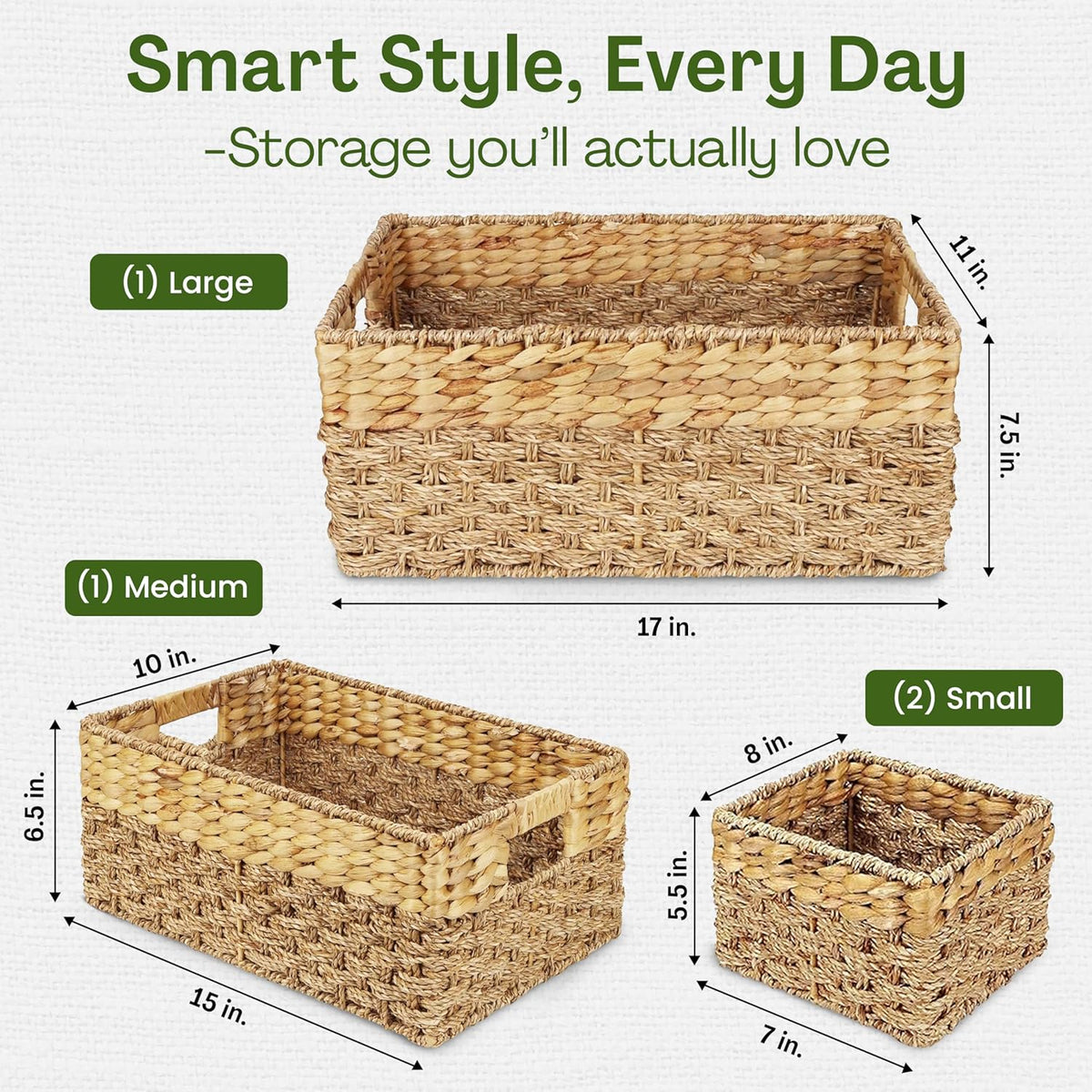Seagrass and Hyacinth Nesting Wicker Basket, Multi-Size, 4 pack, Natural Woven Storage Baskets for