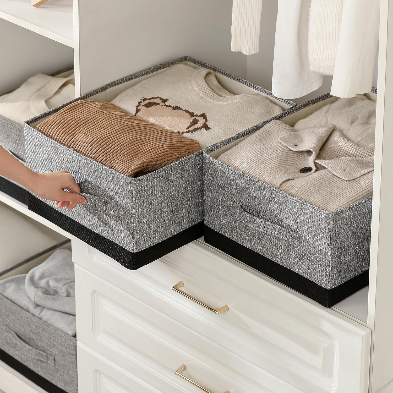 Linen Folding Storage Bins, 3 Pack Large Storage Baskets, Washable, Clothing Storage Bins with