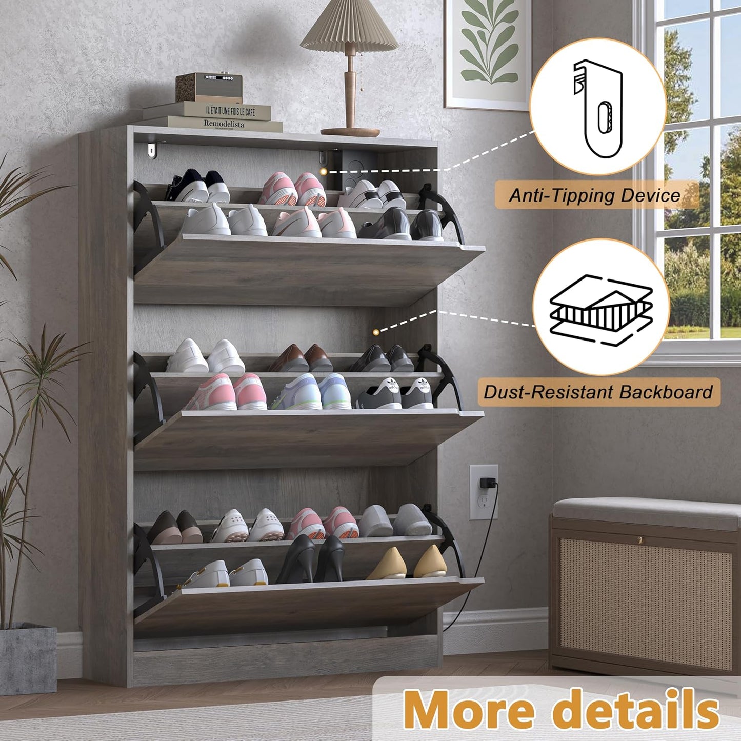 Shoe Cabinet with Odor Control and Back Panels, Deodorizing Slim 3-Flip Shoe Storage Cabinet for