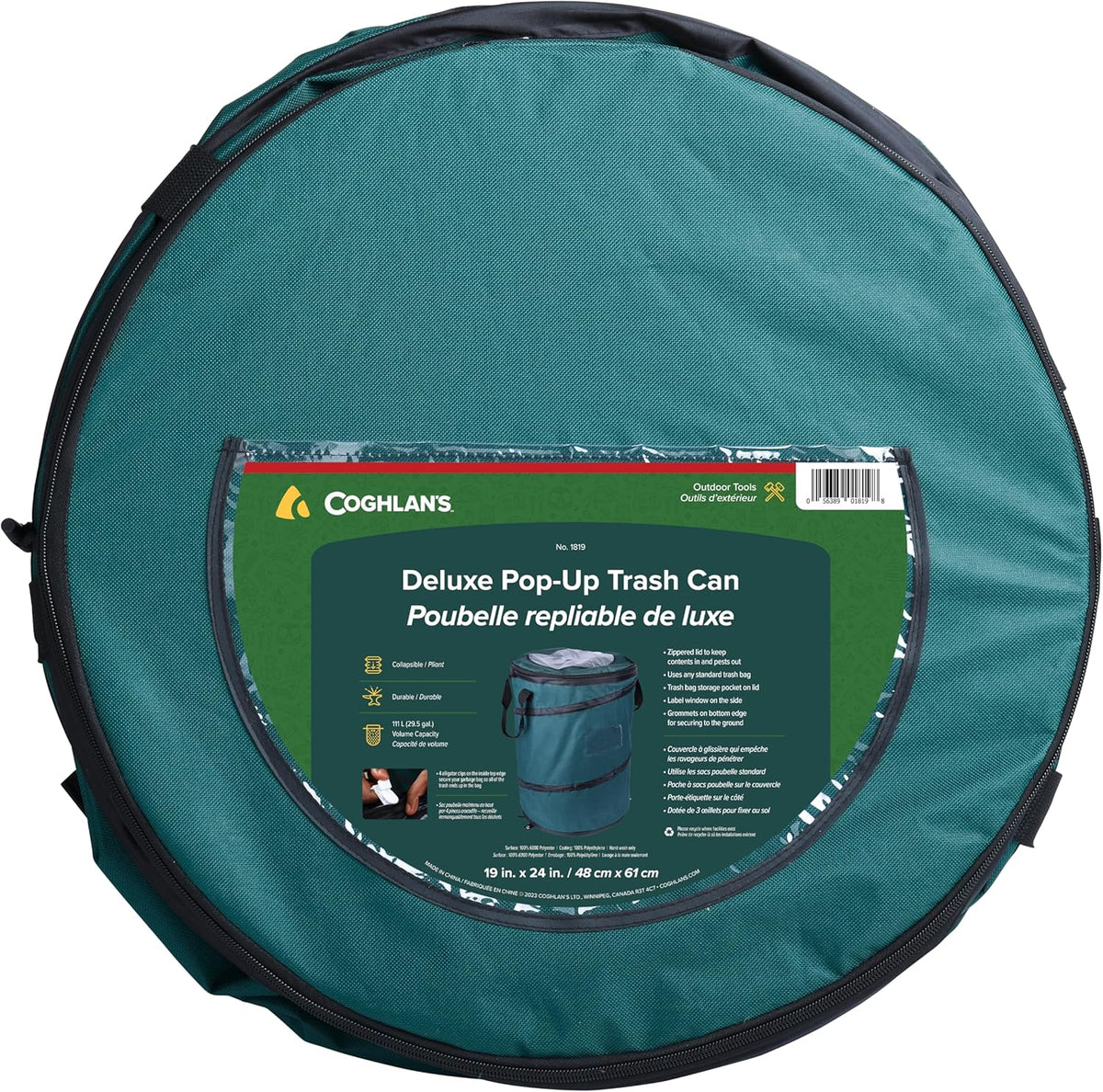 Coghlan's Deluxe Durable Pop-Up Trash Can – Collapsible Garbage Bin with Zippered Lid, Bag Clips