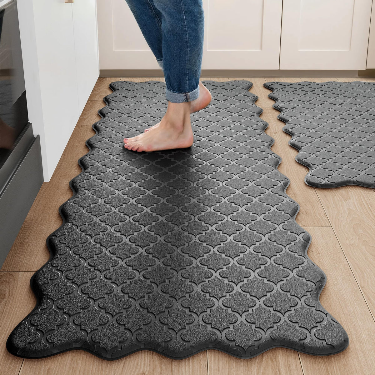 Arenarug Upgrade Scalloped Kitchen Mats for Floor 2PC, Black Kitchen Rugs