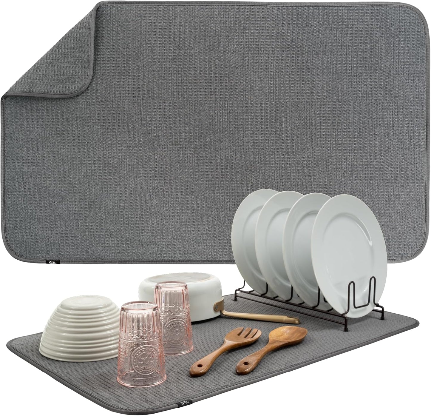 S&T INC. Dish Drying Mat Jumbo, 18” x 30”, Absorbent Microfiber Kitchen Counter Mat, Dish Drying