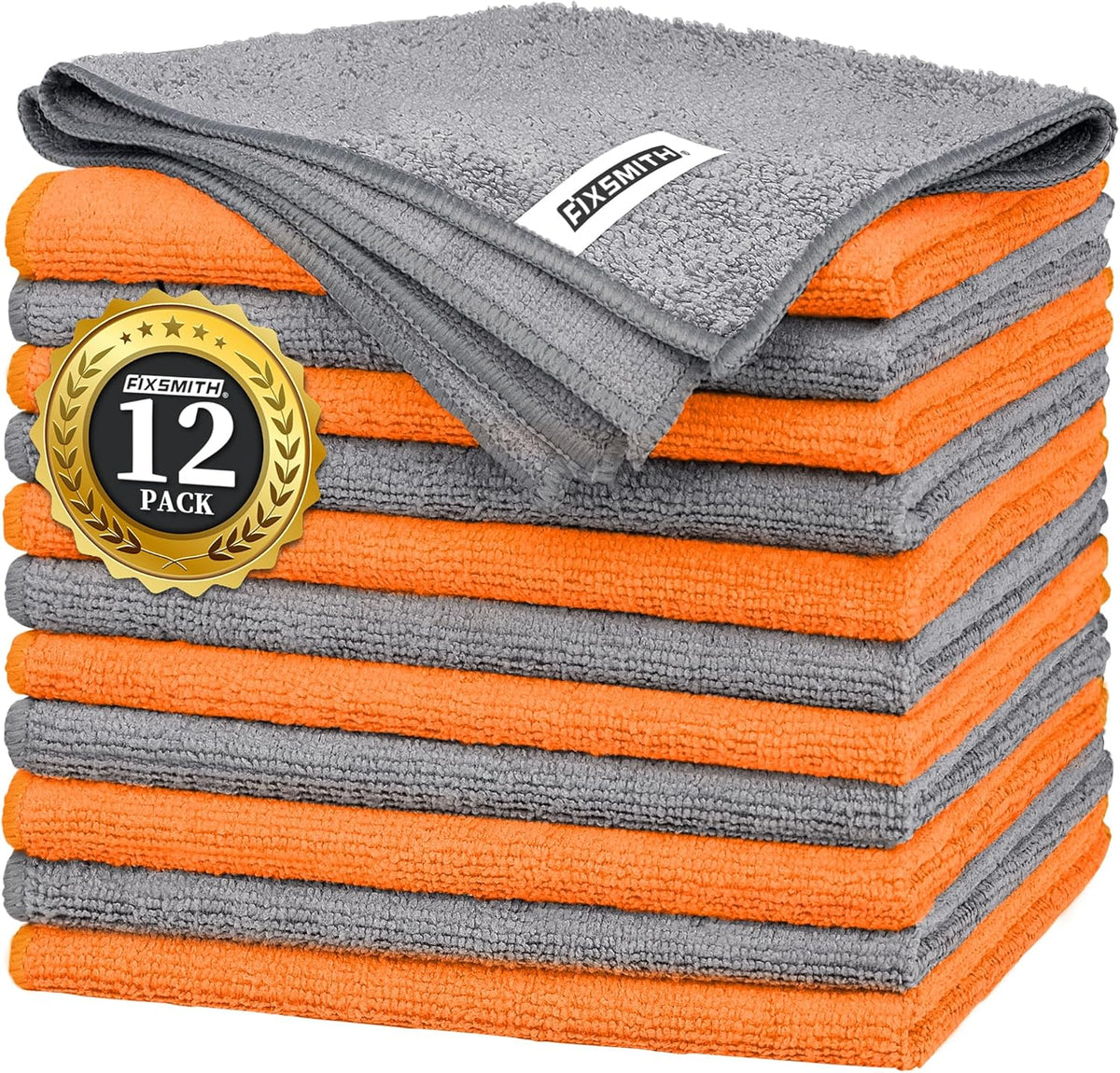 FIXSMITH Microfiber Cleaning Cloth -Pack of 12, Highly Absorbent Cleaning Rags(Grey&Orange)