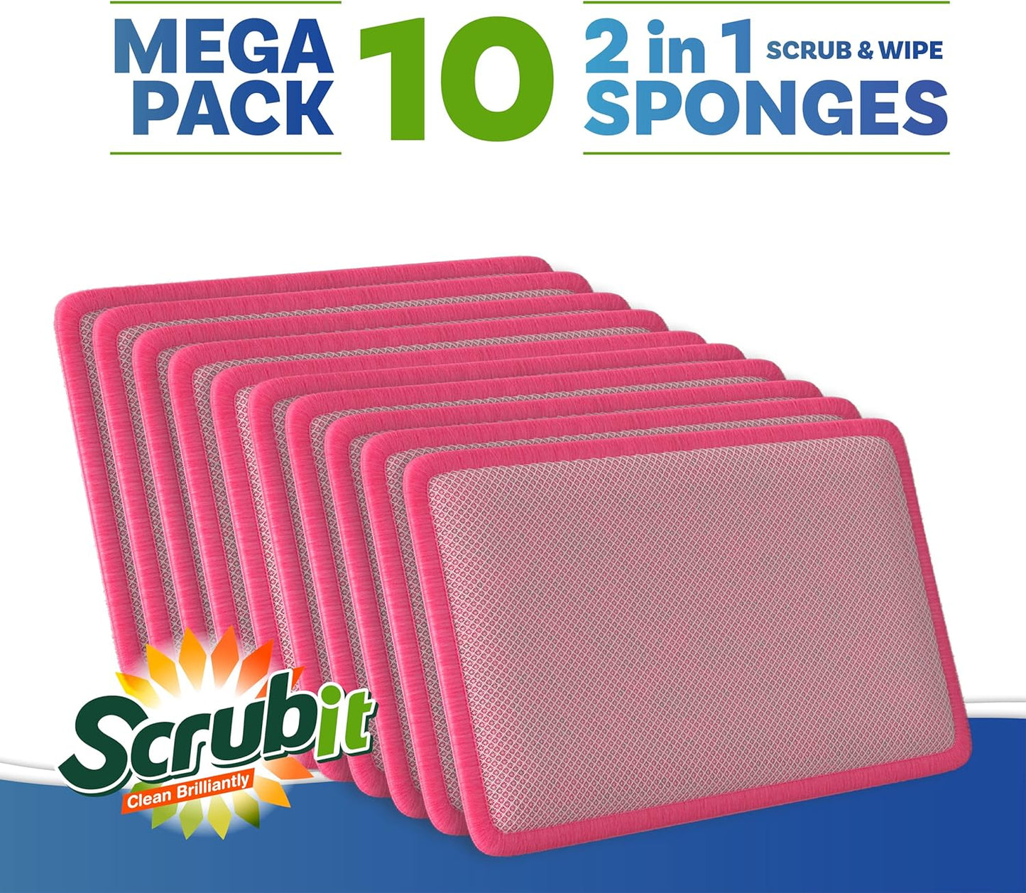 Scrub and Wipe Scrubbing Pads [10 Pack] – SCRUBIT Dual Sided Scouring Pad and Sponge - Reusable