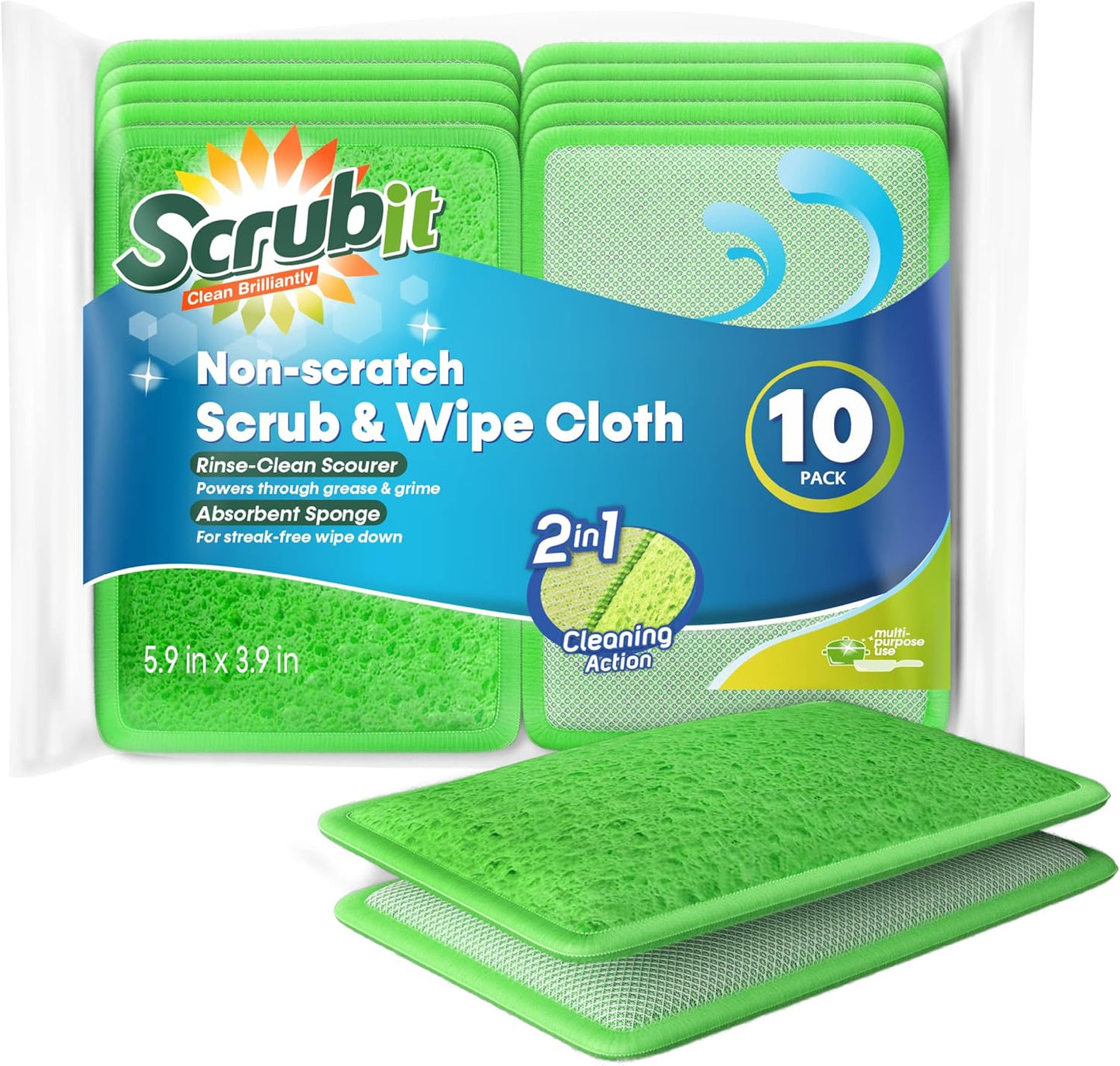 Scrub and Wipe Cleaning Pads [10 Pack] – SCRUBIT Dual Sided Scouring Pad and Sponge - Reusable