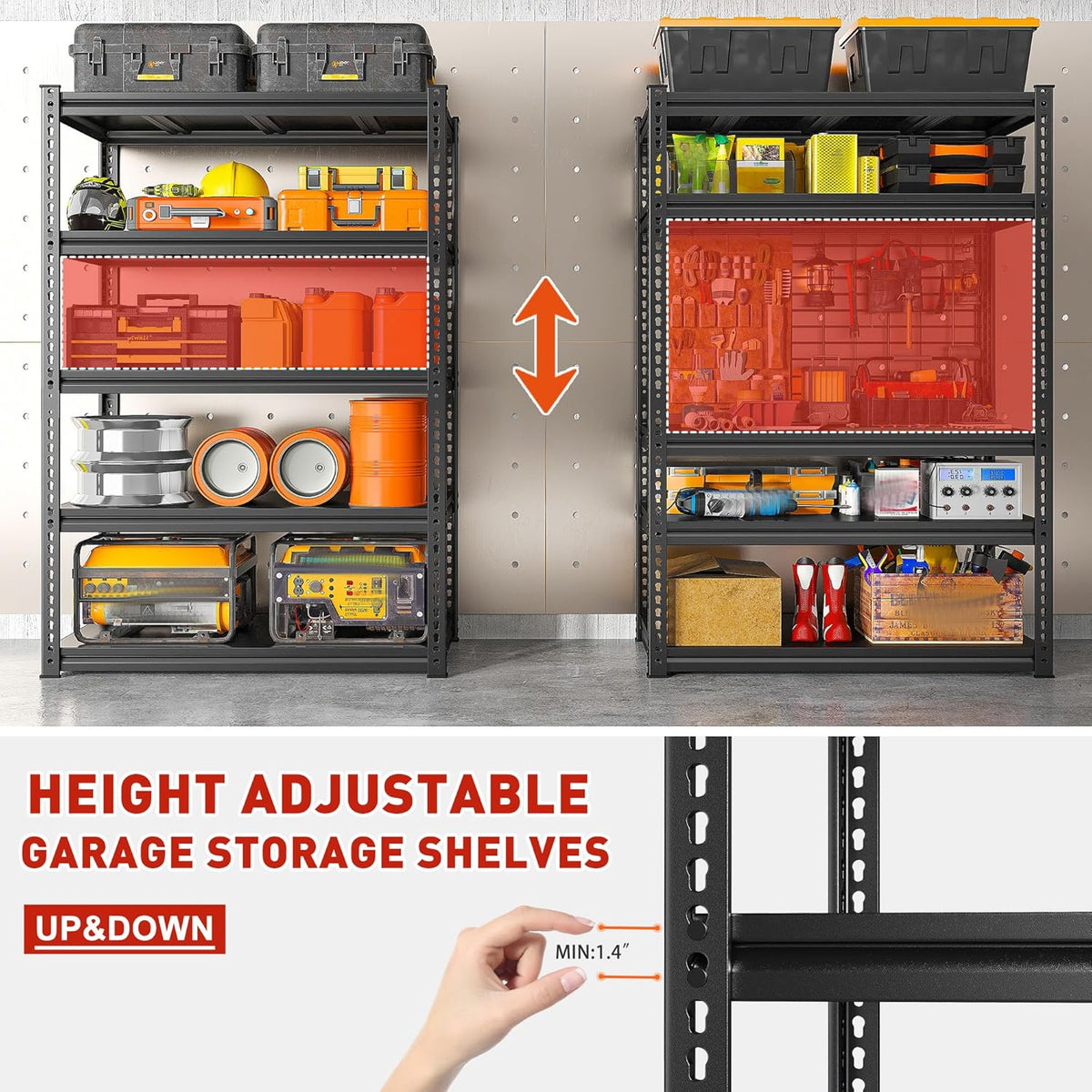 REIBII 72" H Garage Shelving Load 2500 LBS, Heavy Duty Storage Shelves, 5-Tier Adjustable Garage