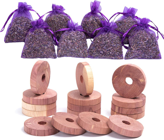 Pack of 16 Cedar Blocks and 8 Lavender Flower Sachets Craft Bag, Drawer Freshener, Linen, Shower
