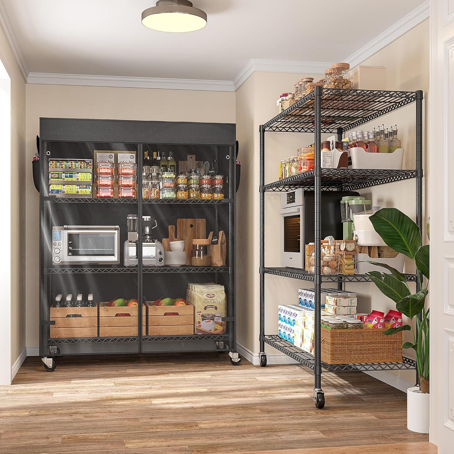 REIBII 4-Tier Storage Shelves Wire Shelving Unit with Cover & Wheels, Heavy Duty Metal Shelving for
