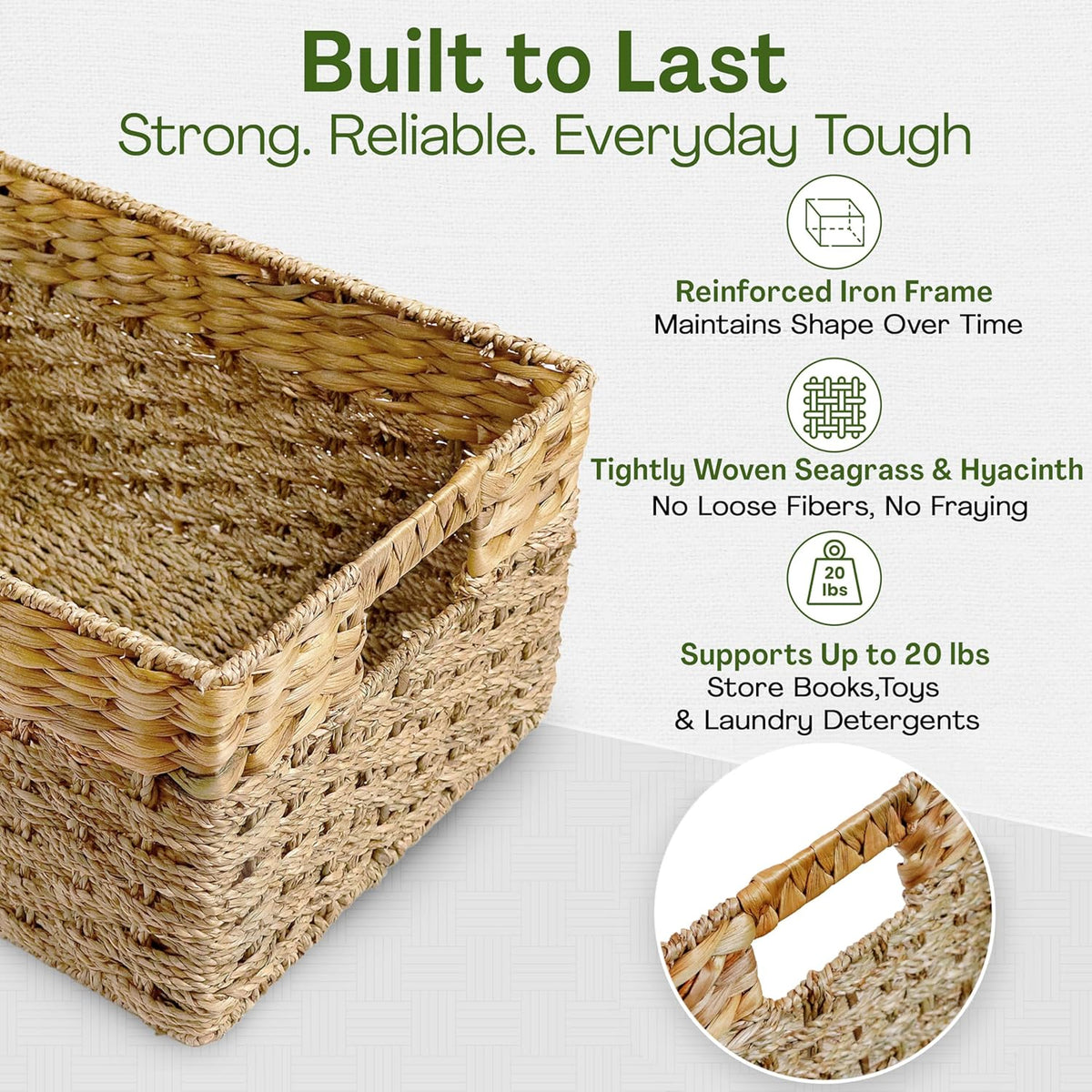 Large Wicker Storage Basket with handles, Natural, Woven, Seagrass and Hyacinth Organizing Baskets