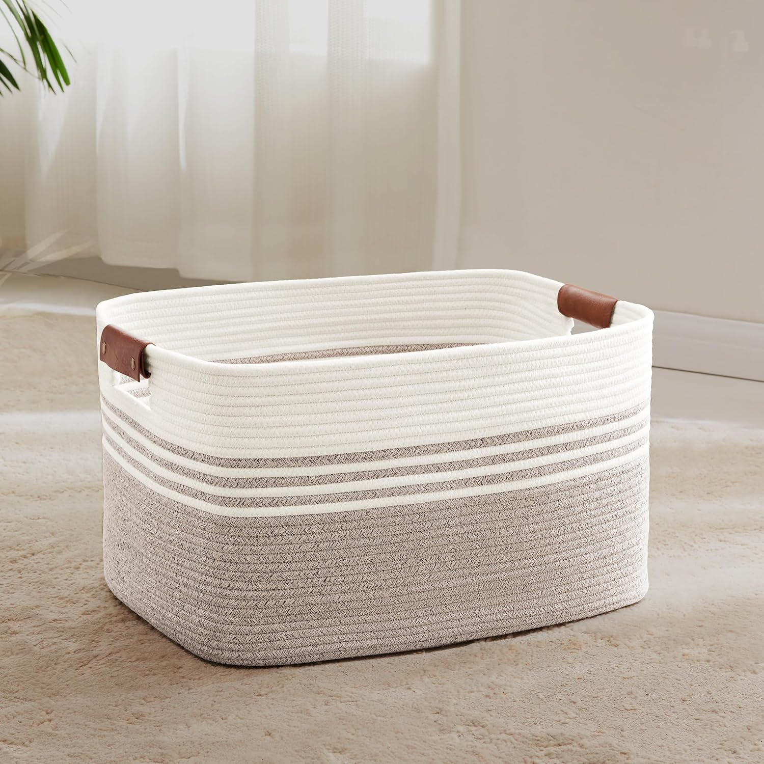 60L Large Laundry Basket with Leather Handles for Living Room Storage, Woven Rope Baskets Bin for