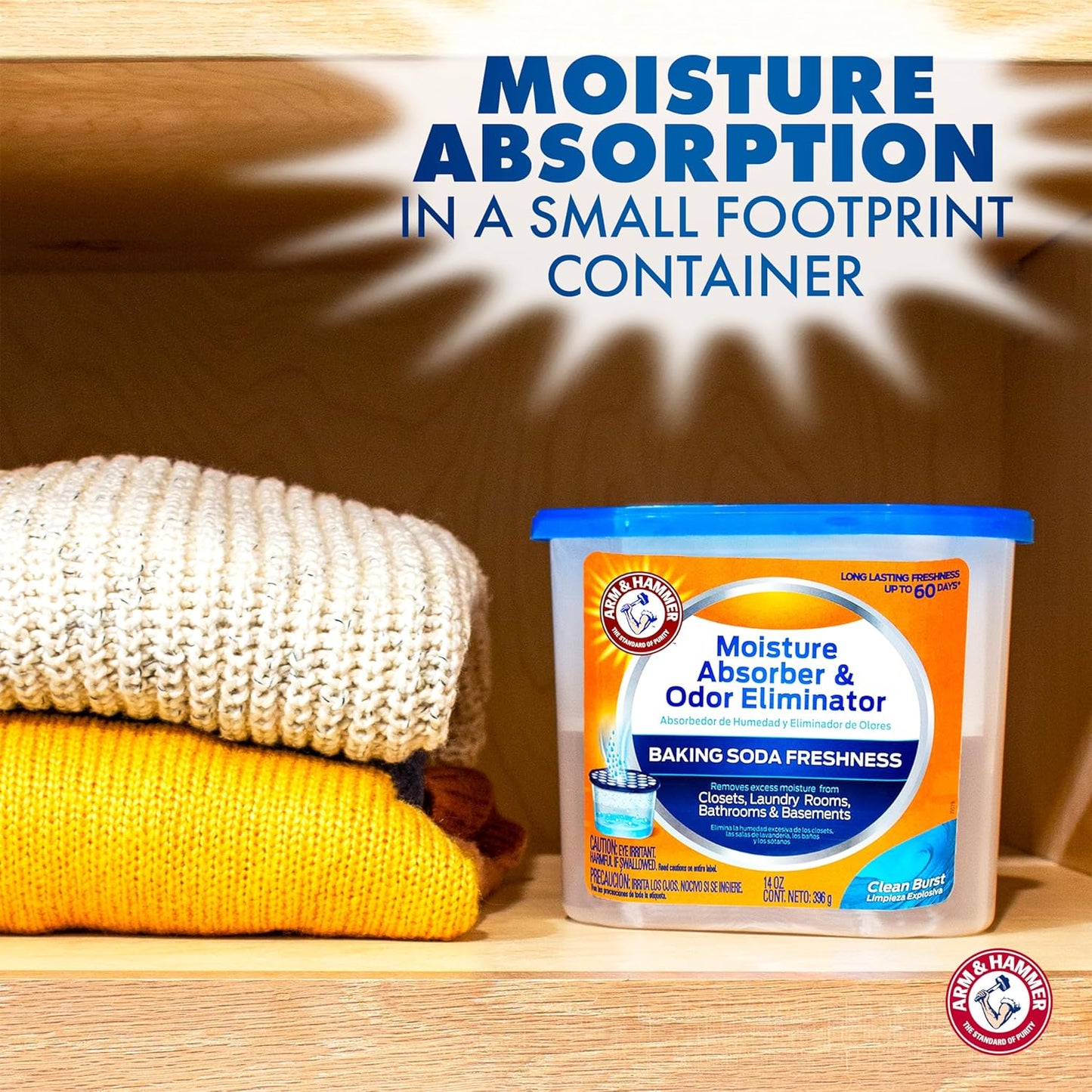 Arm & Hammer Clean Burst Moisture Absorber and Odor Eliminator Tubs, 14 oz, 3 Pack, Attract and