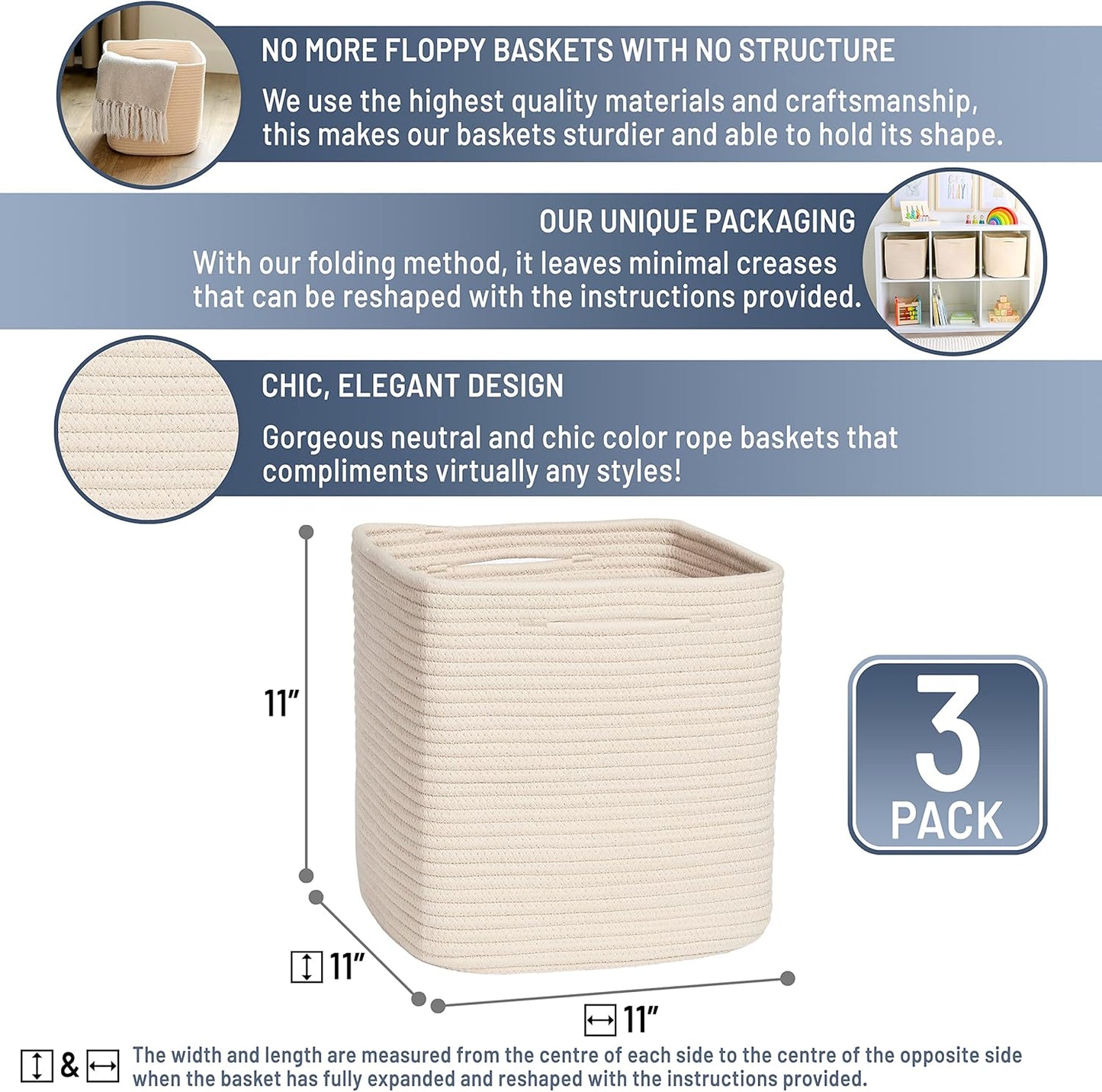 NaturalCozy Storage Cubes 11 Inch Cotton Rope Woven Baskets for Organizing, 3-Pack | Cube Storage