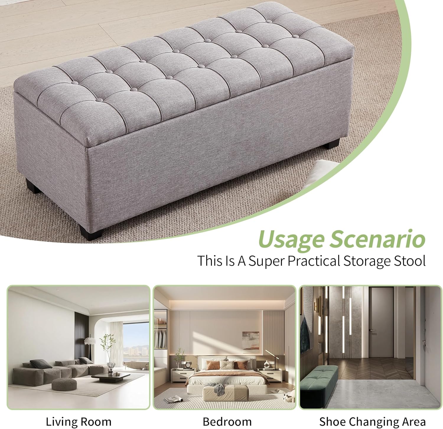 Ottoman with Storage 38 inches, Furniture End of Bed Storage Benches, Long Ottomans Bench with