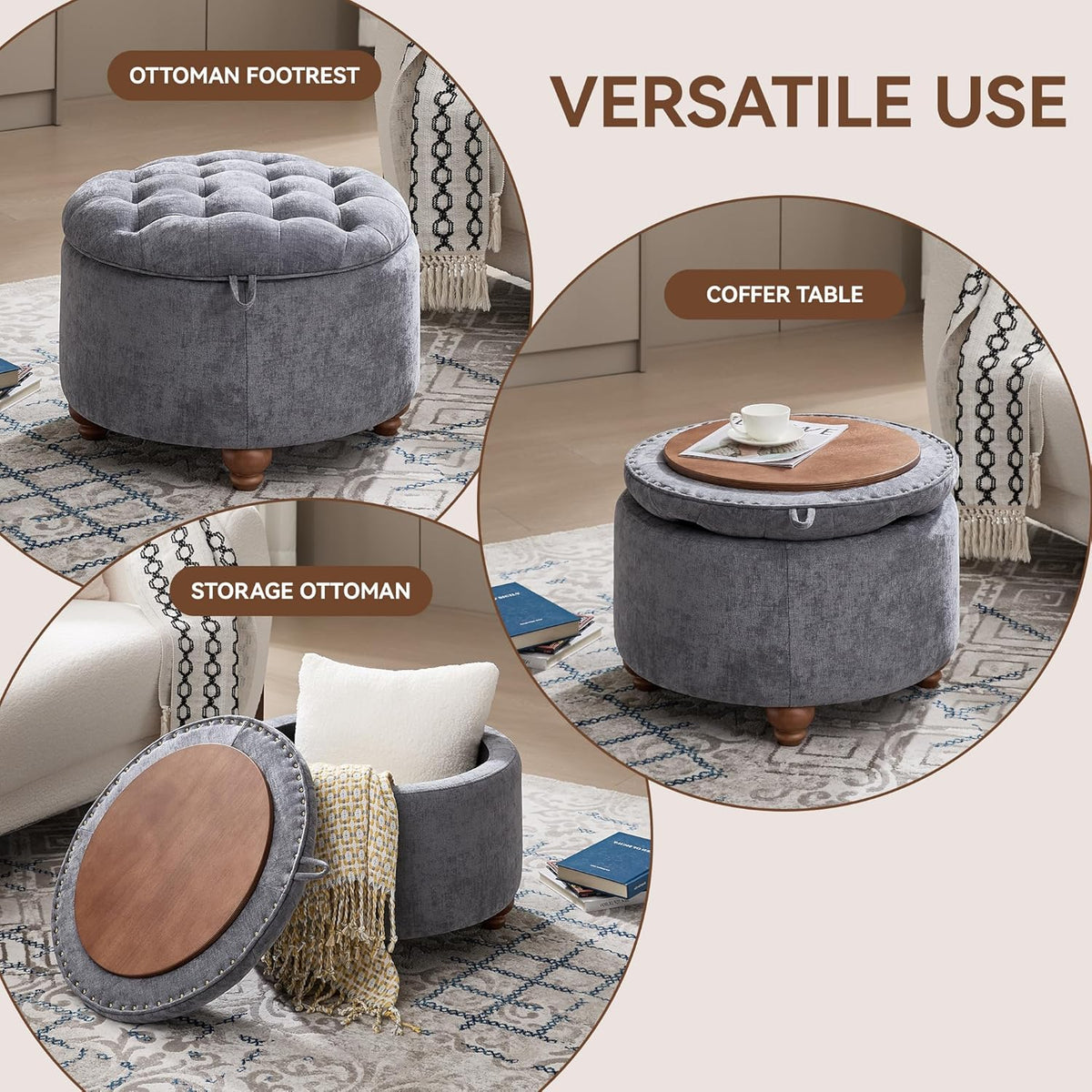 24Inch Round Storage Ottoman with Tray, Modern Tufted Circle Coffee Table with Storage, Upholstered