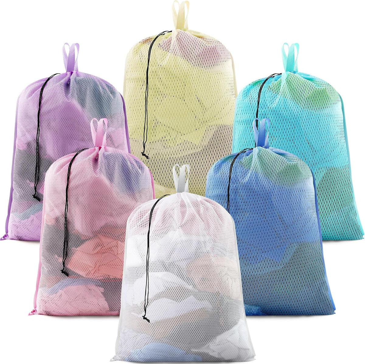 6 Pack 24 x 36 Inches Colorful Mesh Laundry Bag with Handles Machine Washable Secure Drawstring
