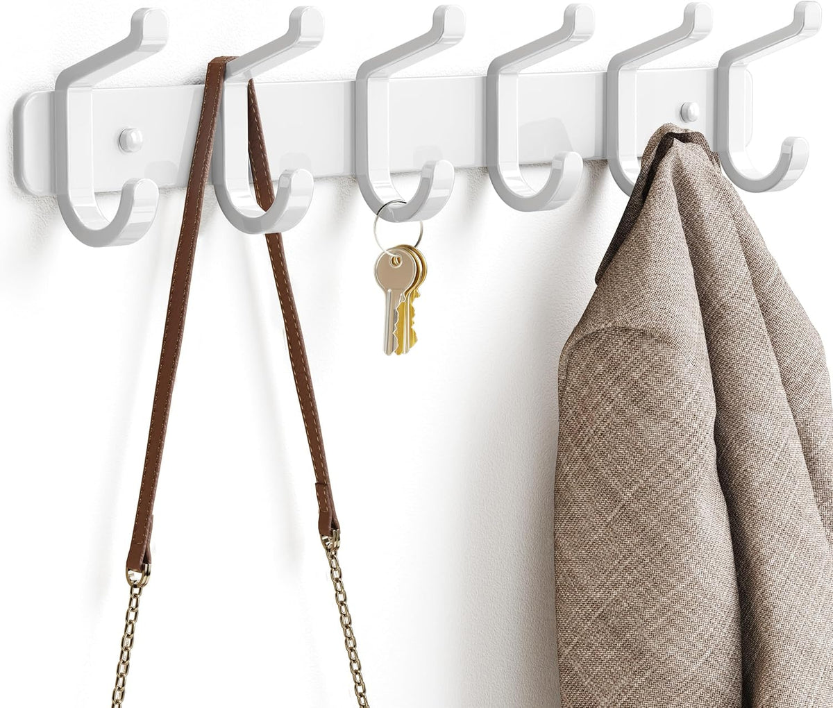 Coat Rack Wall Mounted Heavy-Duty: Metal Coat Hanger 6 Hooks for Hanging Hat, Clothes, Robe, Keys